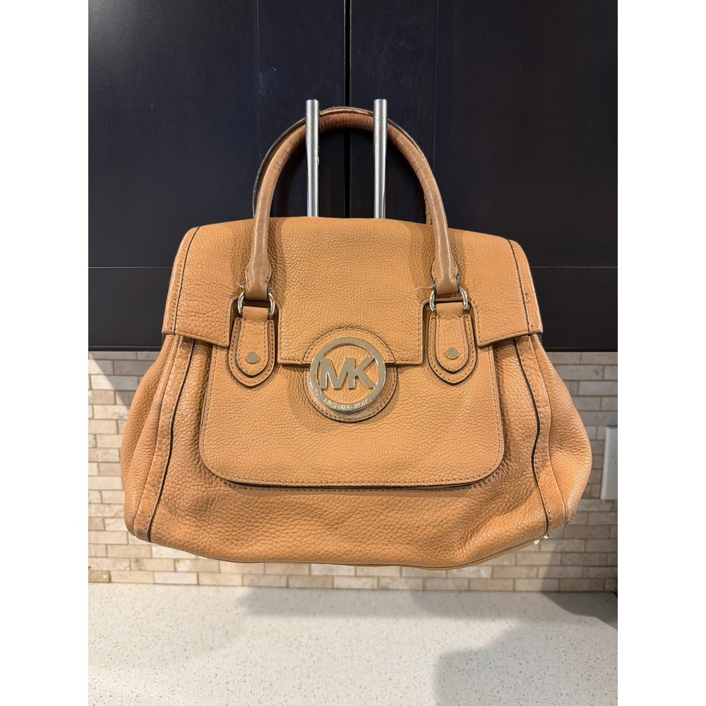 Michael Kors Fulton Large Pebbled Leather Satchel Tote Handbag Tan Camel MKPurse